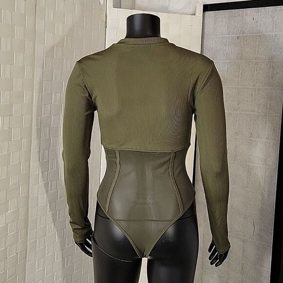 BRAND NEW LONG SLEEVES MESH INSERT HIGH NECK SOLID SHEER THONG SNAP BODYSUIT - Picture 7 of 15